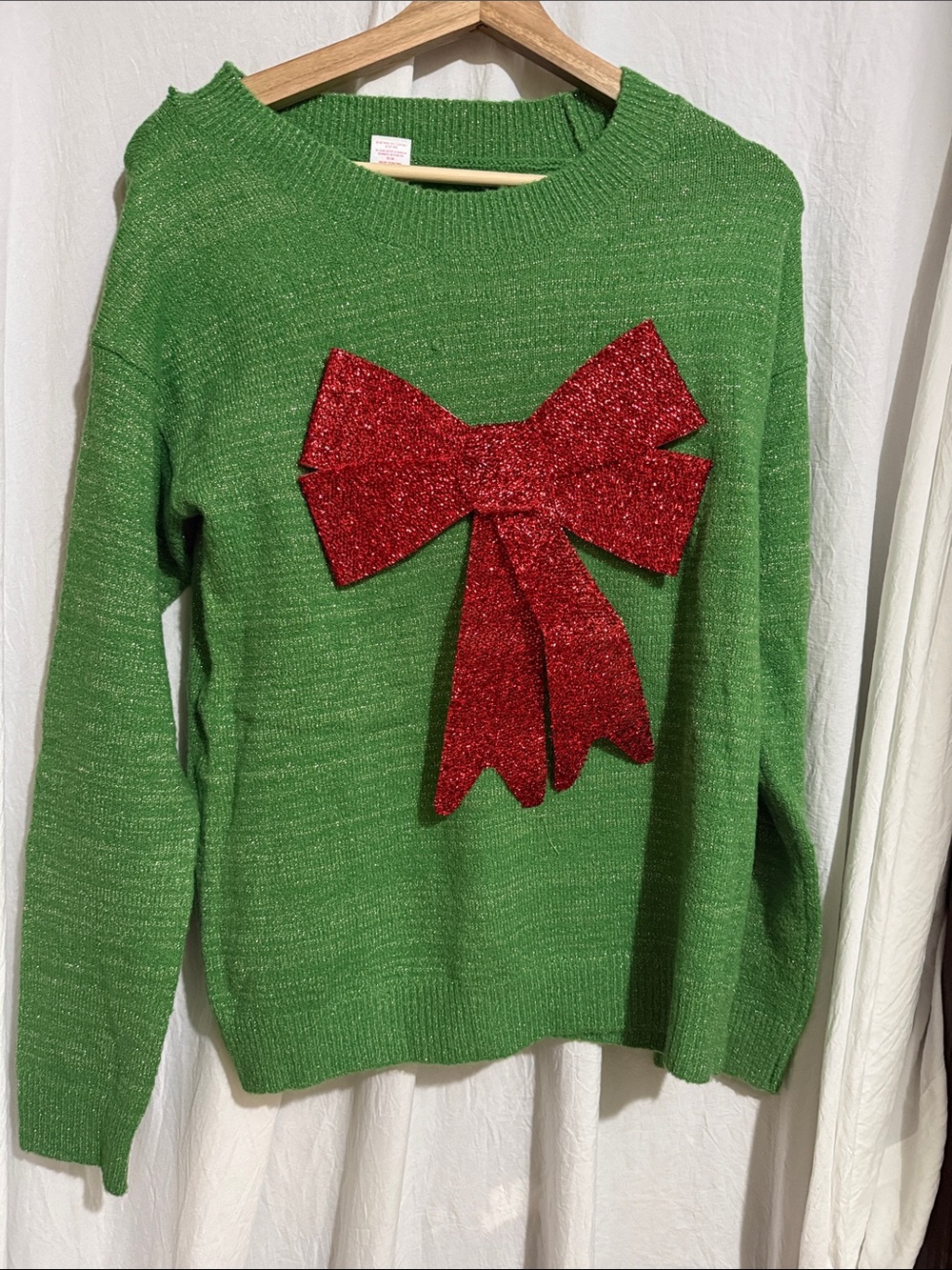 Holiday Time Green Crewneck Sweater with Red Glitter Bow